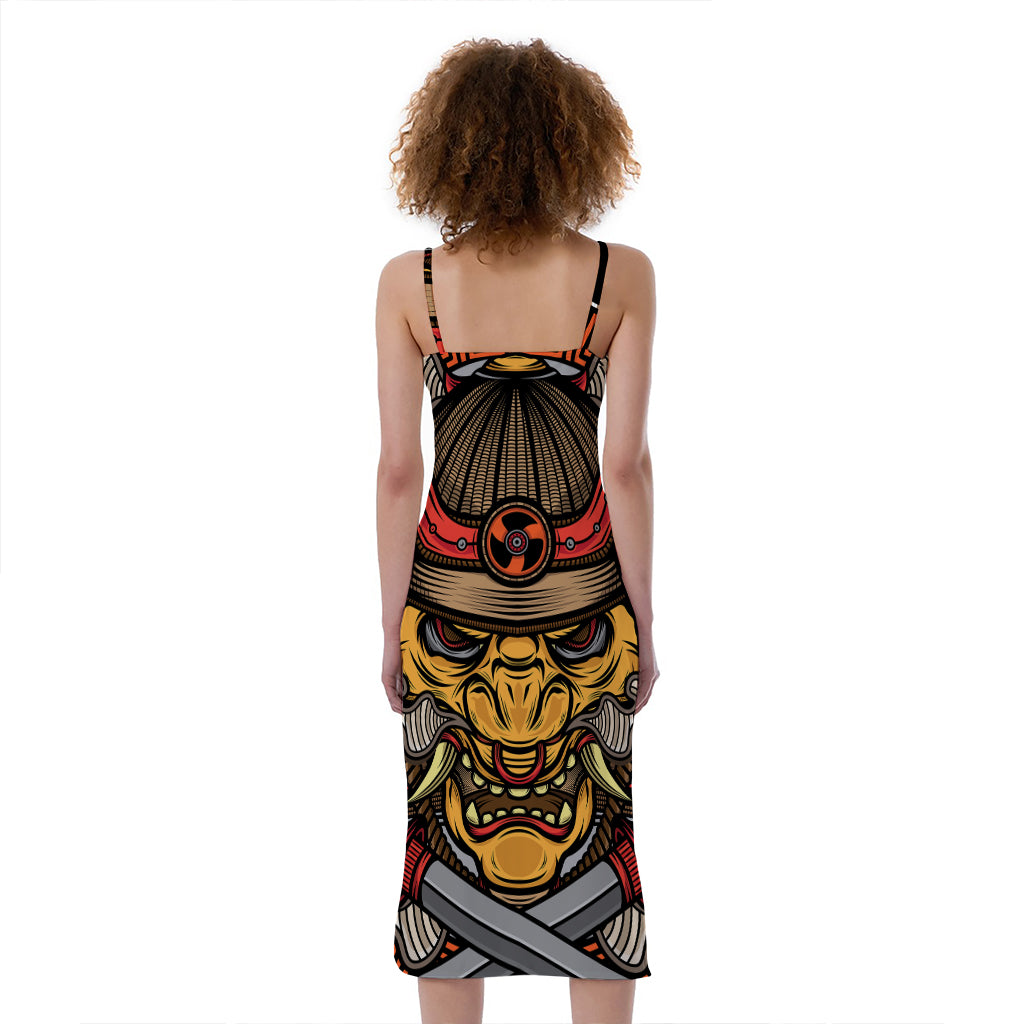 Japanese Samurai Mask Print Slim Fit Midi Cami Dress