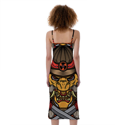 Japanese Samurai Mask Print Slim Fit Midi Cami Dress