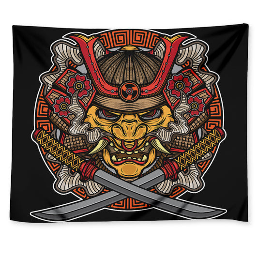 Japanese Samurai Mask Print Tapestry