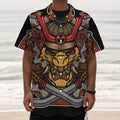 Japanese Samurai Mask Print Textured Short Sleeve Shirt