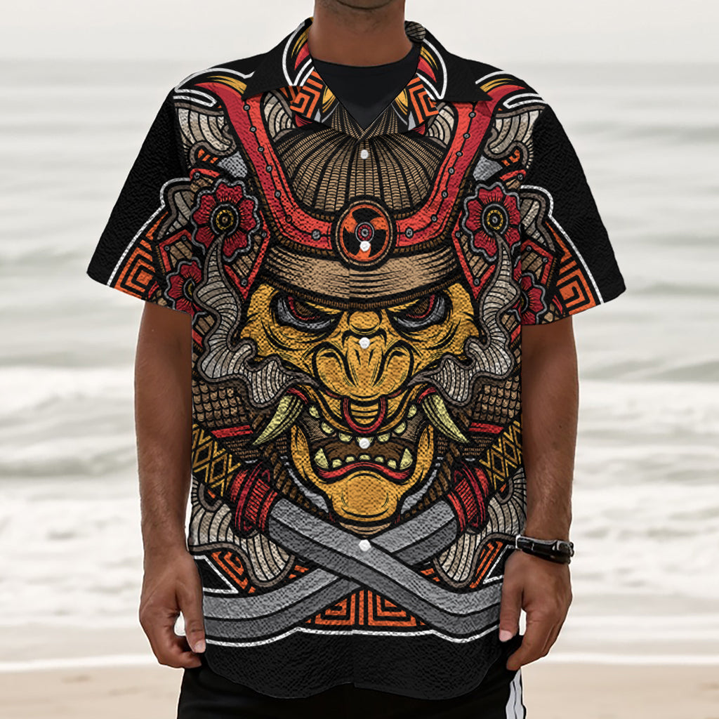 Japanese Samurai Mask Print Textured Short Sleeve Shirt