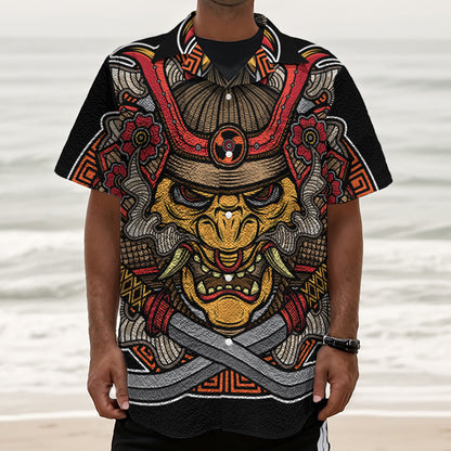 Japanese Samurai Mask Print Textured Short Sleeve Shirt