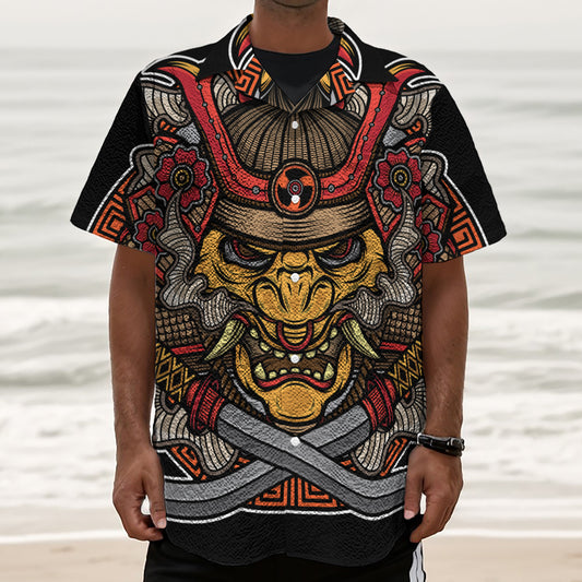 Japanese Samurai Mask Print Textured Short Sleeve Shirt