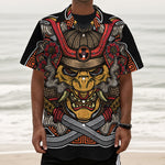 Japanese Samurai Mask Print Textured Short Sleeve Shirt