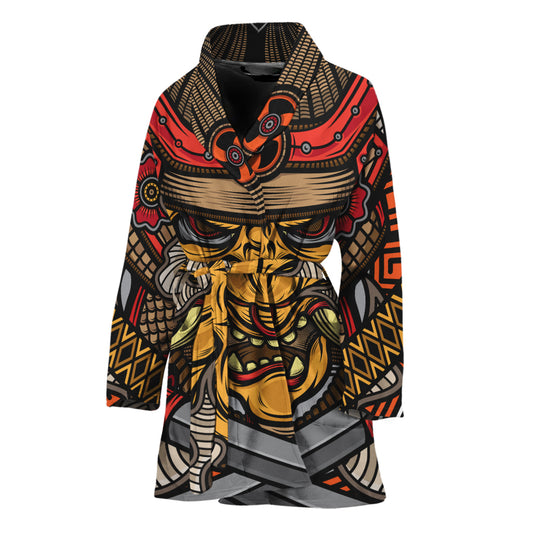 Japanese Samurai Mask Print Women's Bathrobe