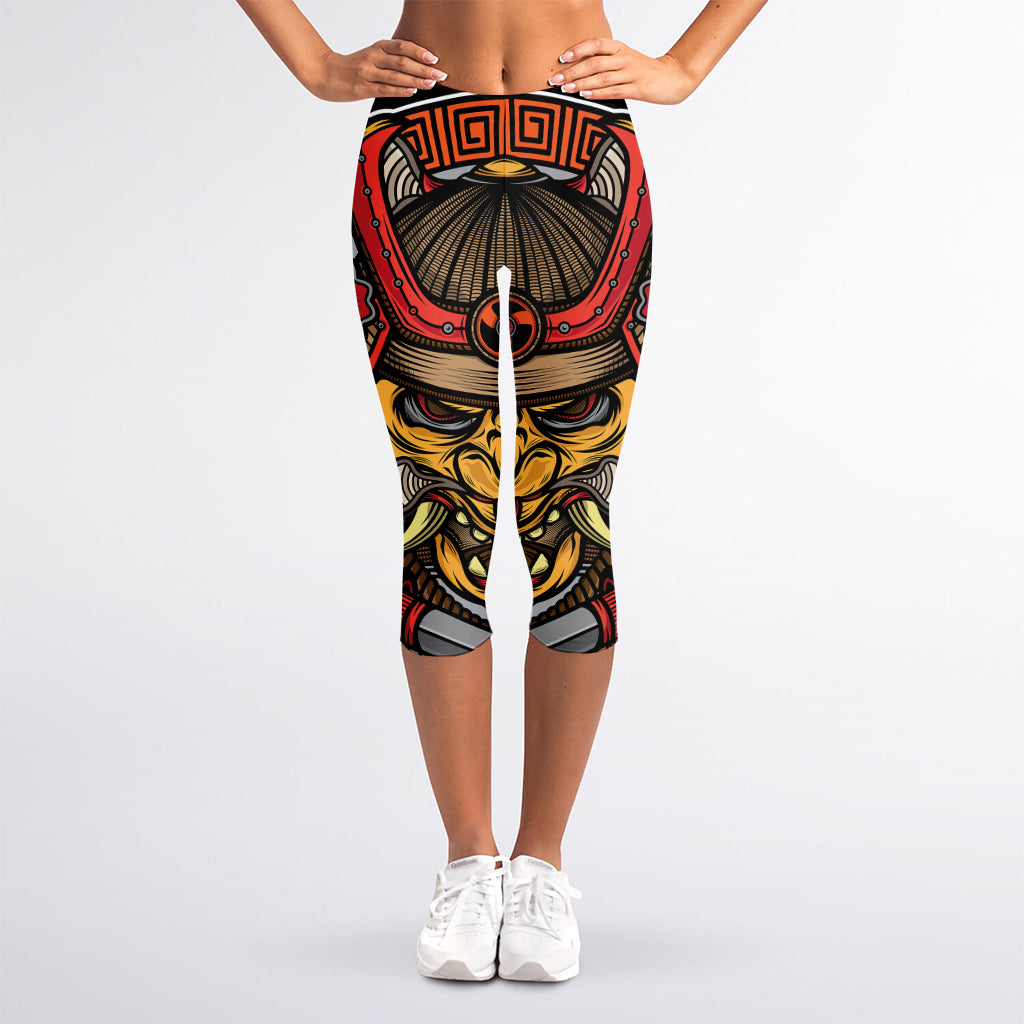 Japanese Samurai Mask Print Women's Capri Leggings