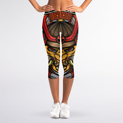 Japanese Samurai Mask Print Women's Capri Leggings