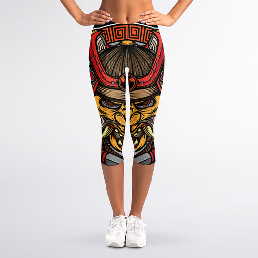 Japanese Samurai Mask Print Women's Capri Leggings