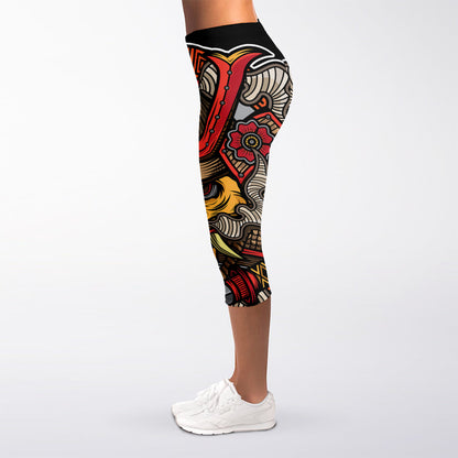 Japanese Samurai Mask Print Women's Capri Leggings