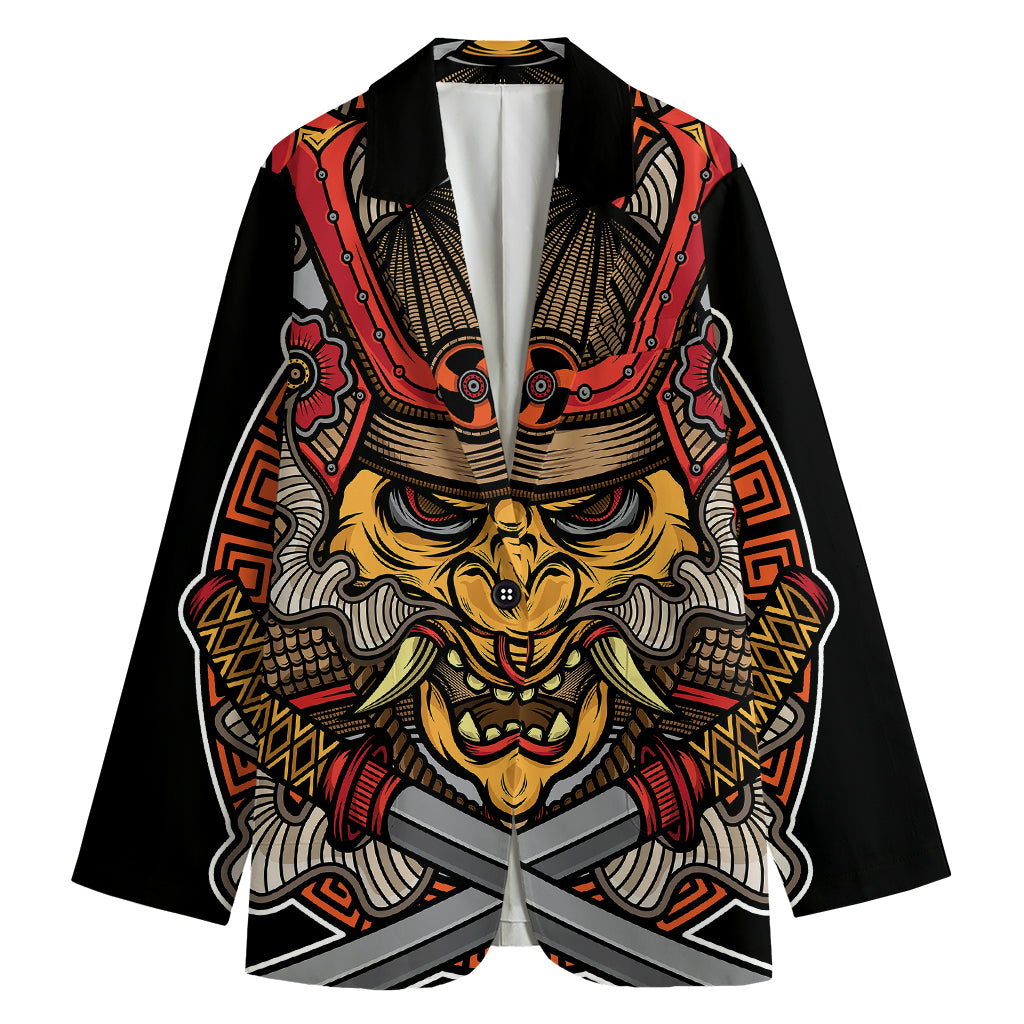 Japanese Samurai Mask Print Women's Cotton Blazer