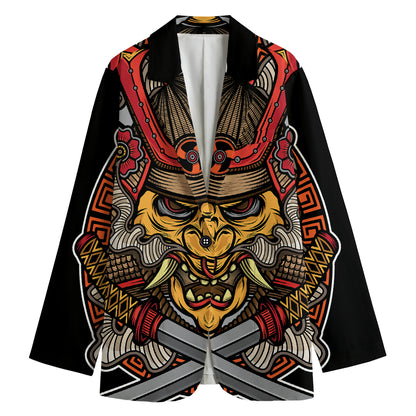Japanese Samurai Mask Print Women's Cotton Blazer