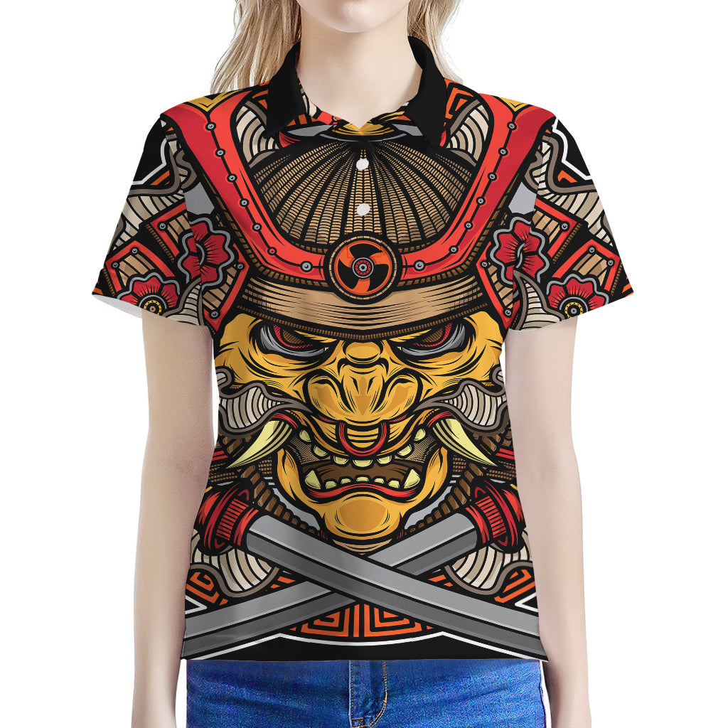 Japanese Samurai Mask Print Women's Polo Shirt