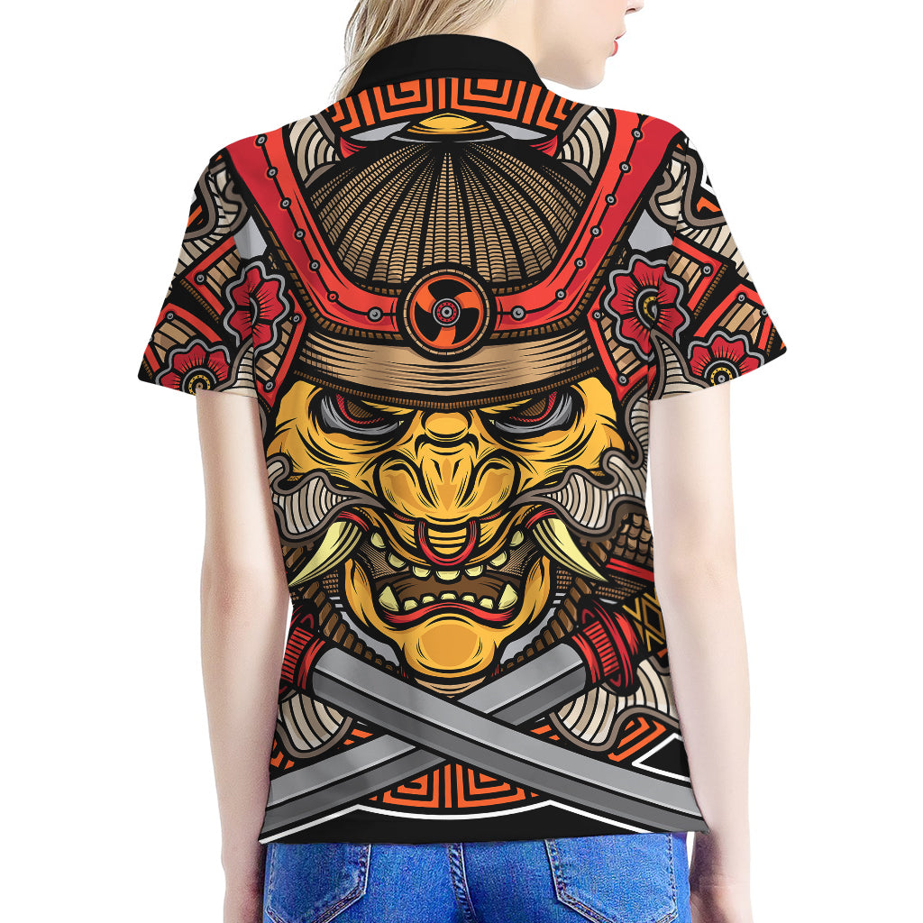 Japanese Samurai Mask Print Women's Polo Shirt
