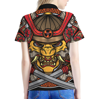 Japanese Samurai Mask Print Women's Polo Shirt
