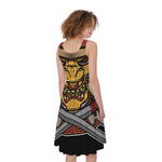 Japanese Samurai Mask Print Women's Sleeveless Dress