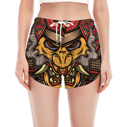 Japanese Samurai Mask Print Women's Split Running Shorts