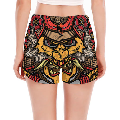 Japanese Samurai Mask Print Women's Split Running Shorts