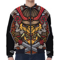 Japanese Samurai Mask Print Zip Sleeve Bomber Jacket