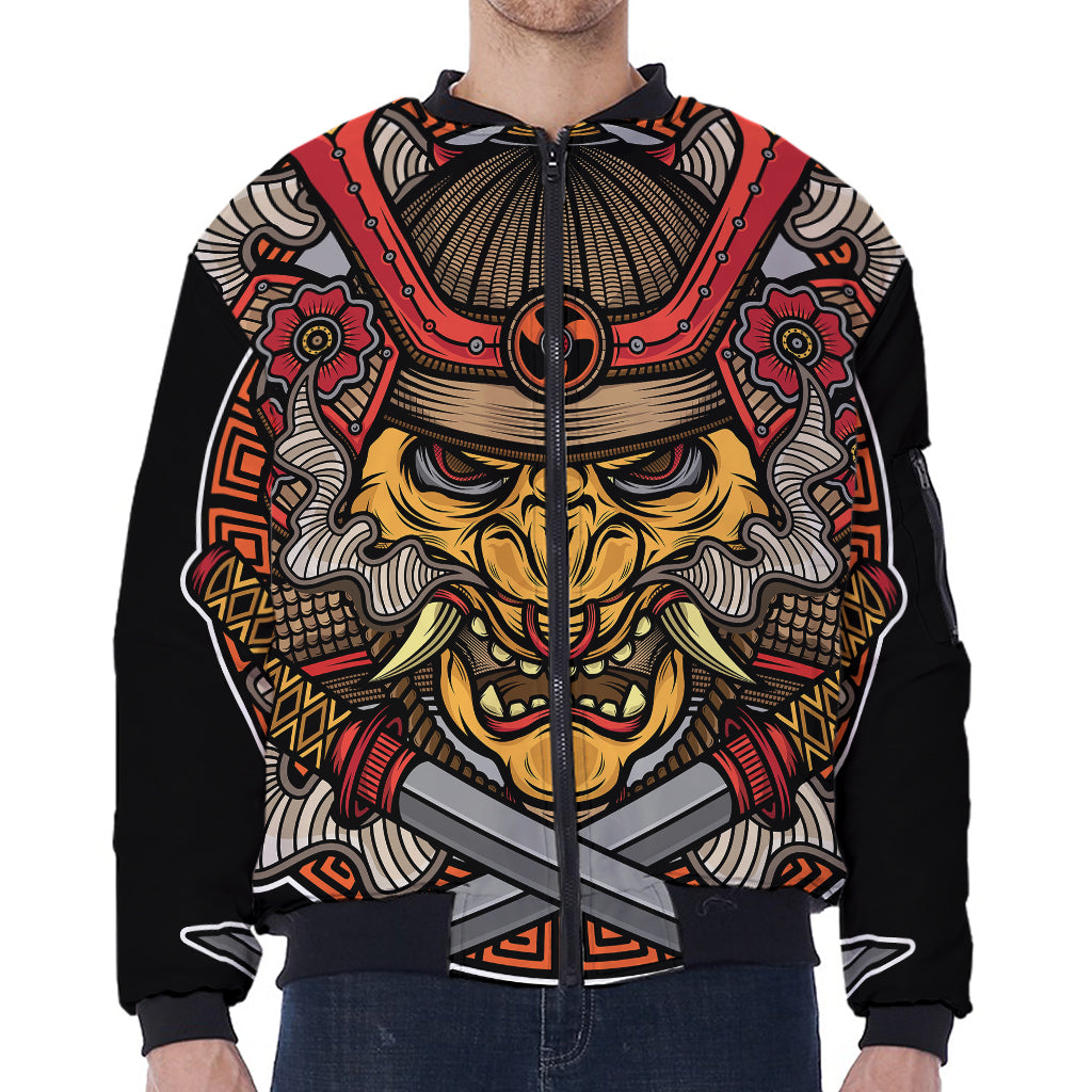 Japanese Samurai Mask Print Zip Sleeve Bomber Jacket