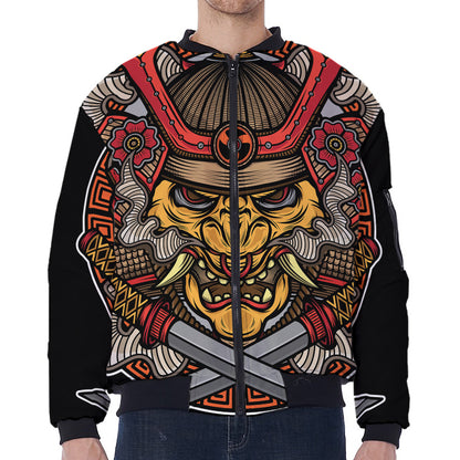 Japanese Samurai Mask Print Zip Sleeve Bomber Jacket
