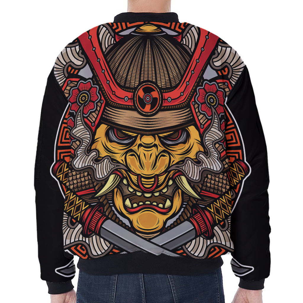 Japanese Samurai Mask Print Zip Sleeve Bomber Jacket