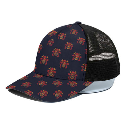 Japanese Samurai Pattern Print Black Mesh Trucker Cap