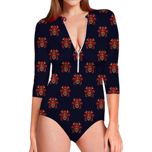 Japanese Samurai Pattern Print Long Sleeve Swimsuit