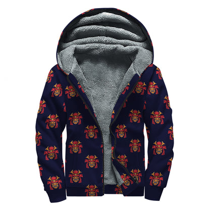 Japanese Samurai Pattern Print Sherpa Lined Zip Up Hoodie