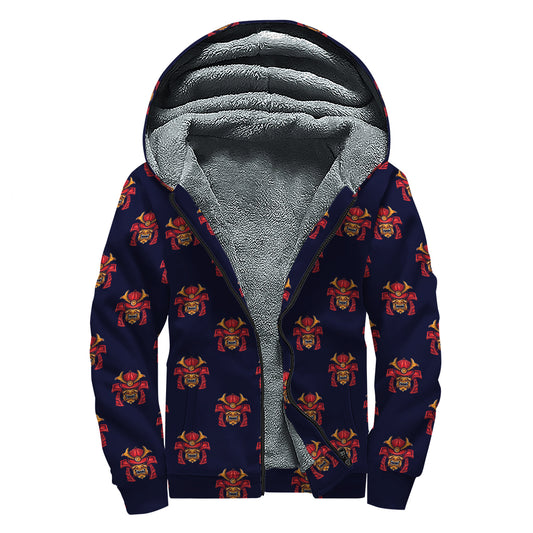 Japanese Samurai Pattern Print Sherpa Lined Zip Up Hoodie