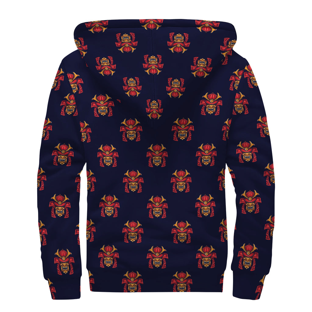 Japanese Samurai Pattern Print Sherpa Lined Zip Up Hoodie