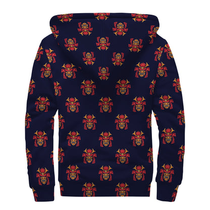 Japanese Samurai Pattern Print Sherpa Lined Zip Up Hoodie