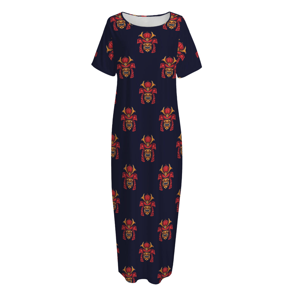 Japanese Samurai Pattern Print Short Sleeve Long Nightdress
