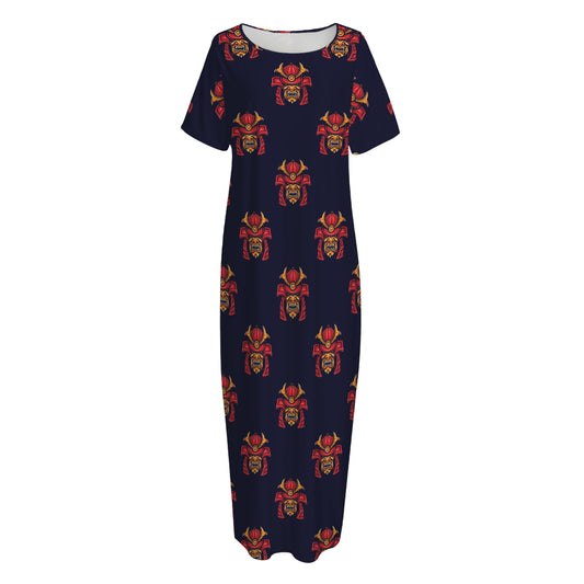 Japanese Samurai Pattern Print Short Sleeve Long Nightdress