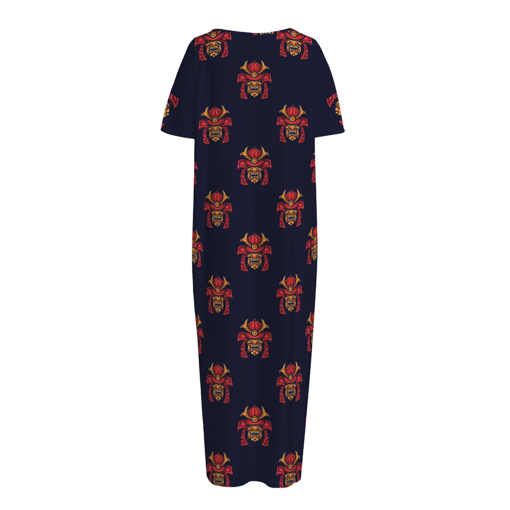 Japanese Samurai Pattern Print Short Sleeve Long Nightdress