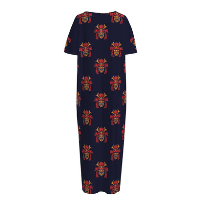 Japanese Samurai Pattern Print Short Sleeve Long Nightdress