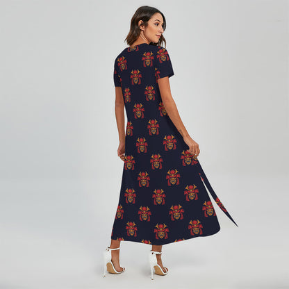 Japanese Samurai Pattern Print Short Sleeve Maxi Dress