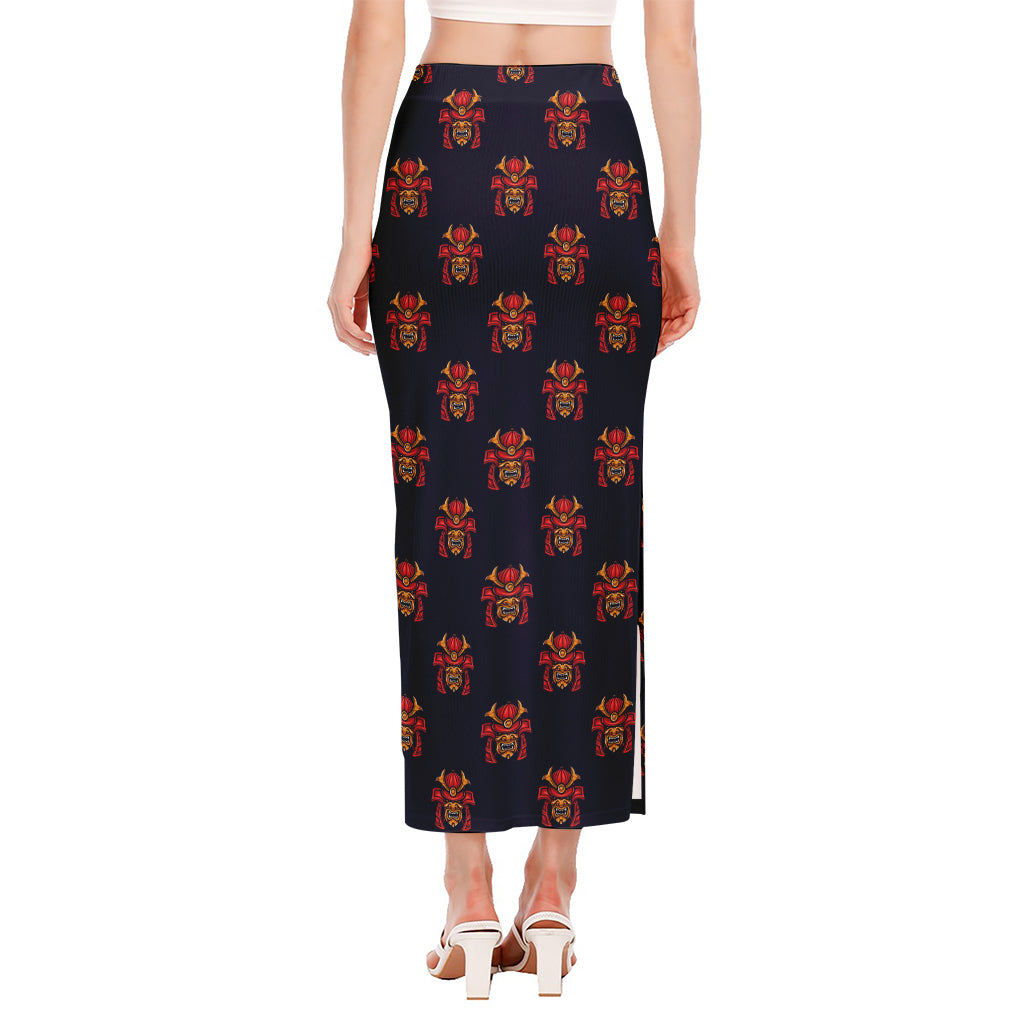 Japanese Samurai Pattern Print Side Slit Maxi Skirt