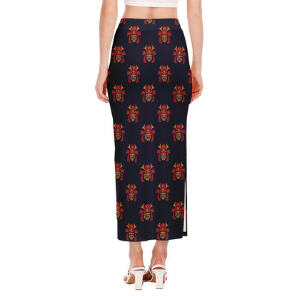 Japanese Samurai Pattern Print Side Slit Maxi Skirt