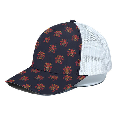 Japanese Samurai Pattern Print White Mesh Trucker Cap