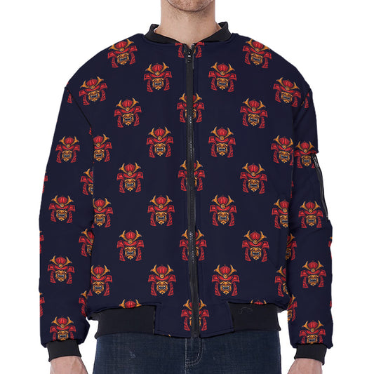 Japanese Samurai Pattern Print Zip Sleeve Bomber Jacket