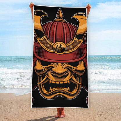 Japanese Samurai Warrior Mask Print Beach Towel