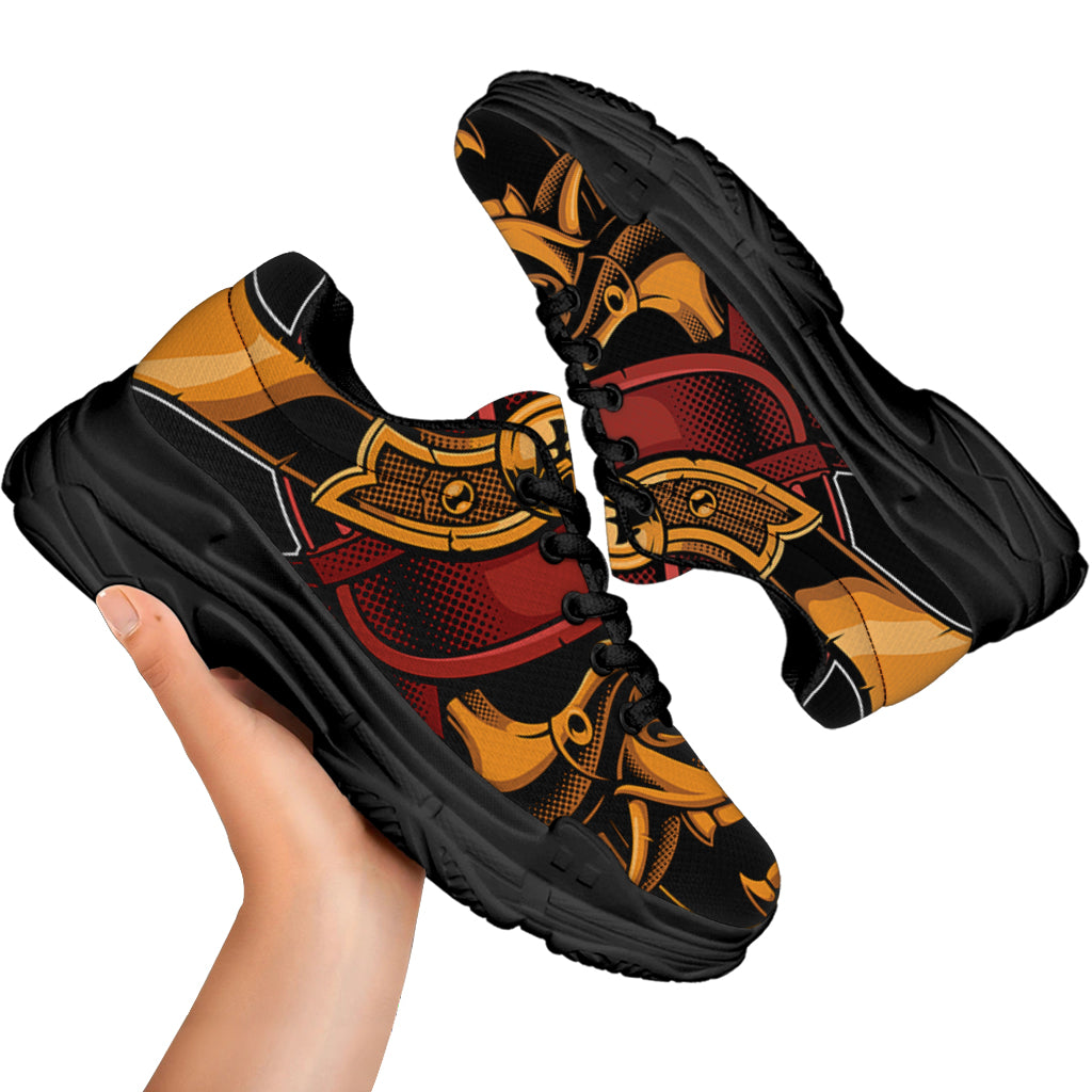 Japanese Samurai Warrior Mask Print Black Chunky Shoes