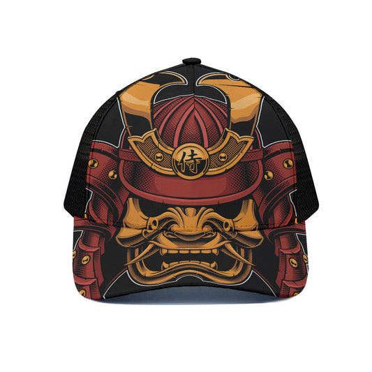 Japanese Samurai Warrior Mask Print Black Mesh Trucker Cap