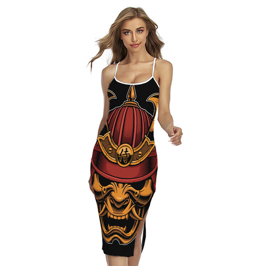 Japanese Samurai Warrior Mask Print Cross Back Cami Dress