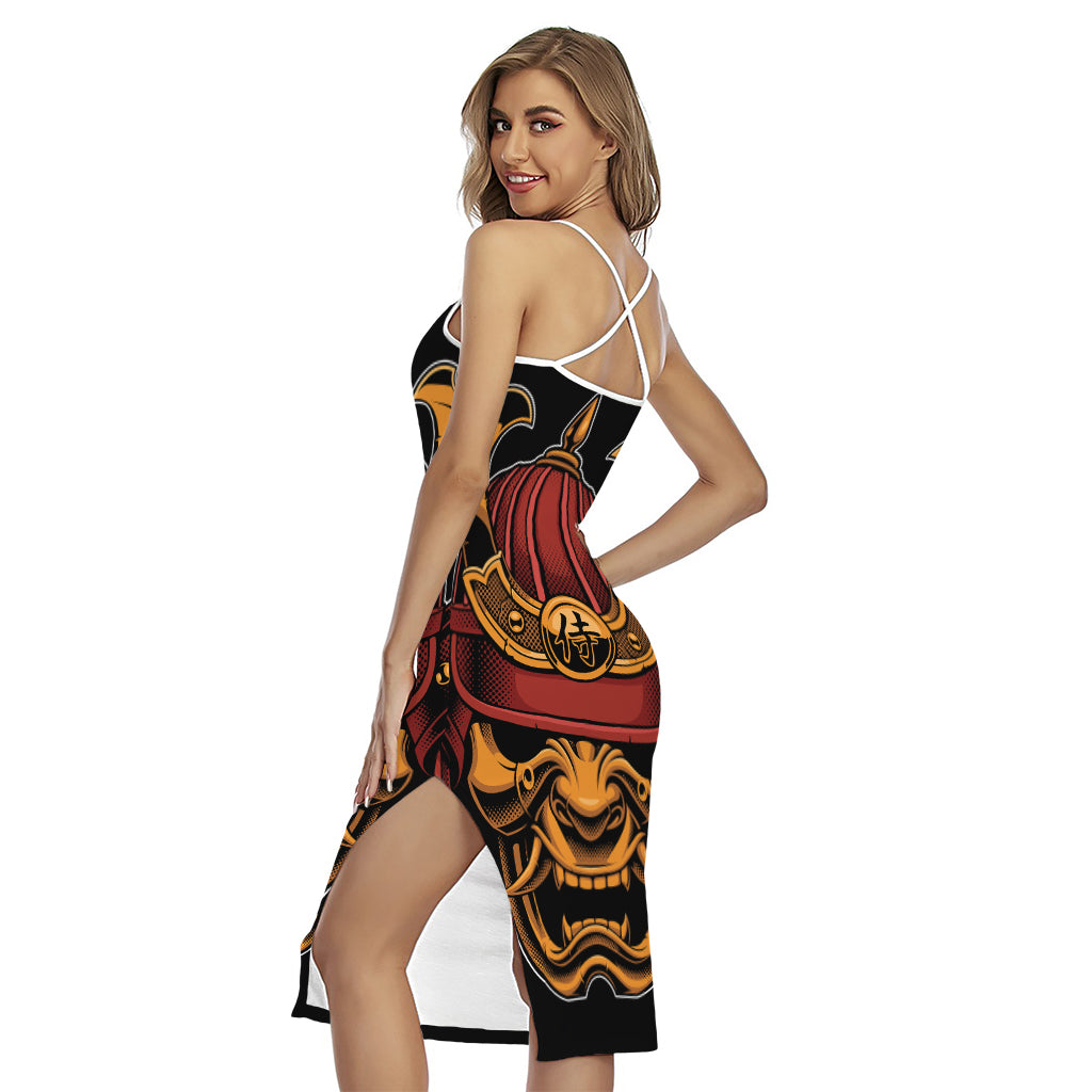 Japanese Samurai Warrior Mask Print Cross Back Cami Dress