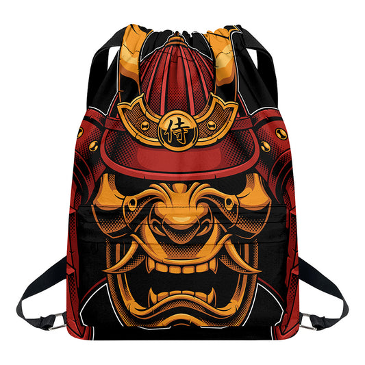 Japanese Samurai Warrior Mask Print Drawstring Backpack