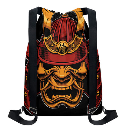 Japanese Samurai Warrior Mask Print Drawstring Backpack