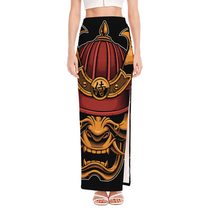 Japanese Samurai Warrior Mask Print High Slit Maxi Skirt