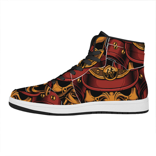 Japanese Samurai Warrior Mask Print High Top Leather Sneakers