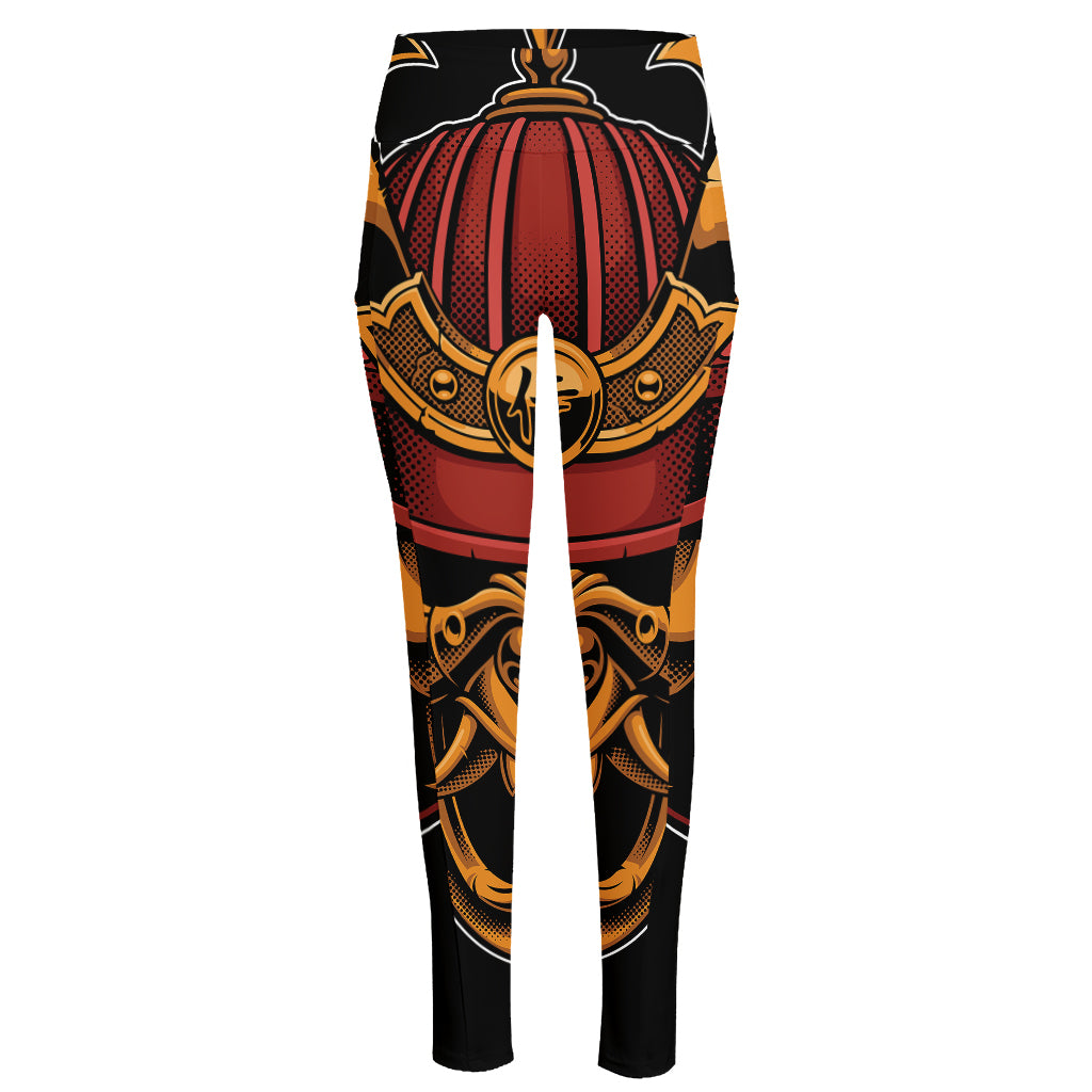 Japanese Samurai Warrior Mask Print High-Waisted Pocket Leggings